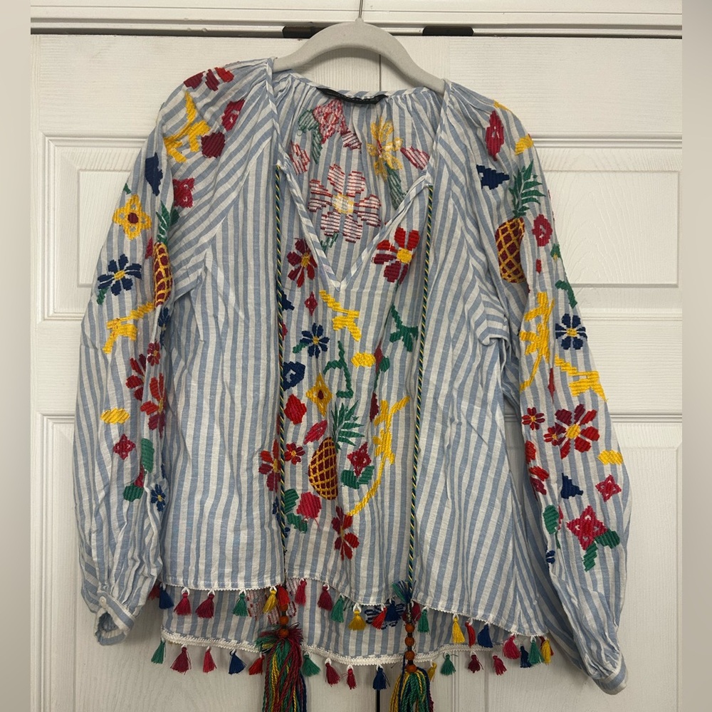 Zara Multicolor Embroidered Striped Top